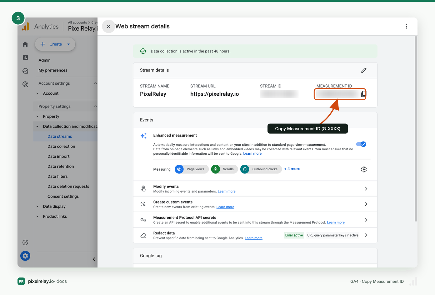 GA4 web stream details with the Measurement ID highlighted