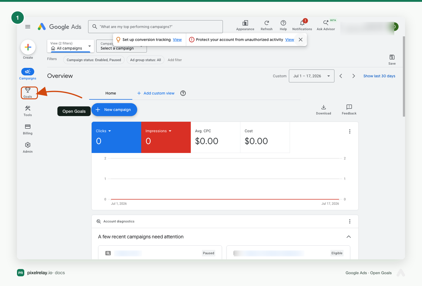 Google Ads left sidebar with the Goals icon highlighted