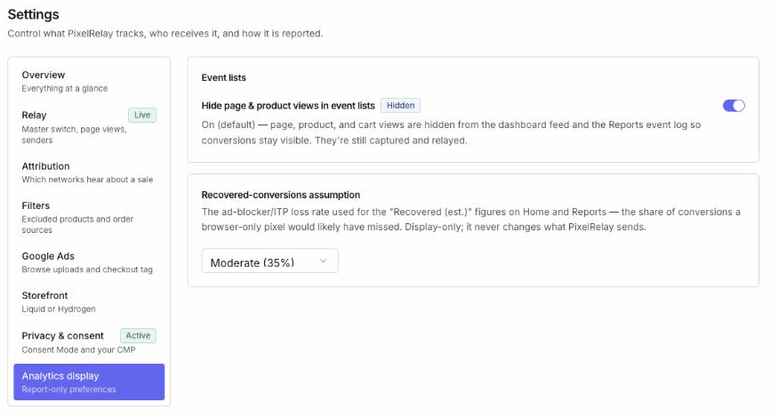 PixelRelay Settings, Analytics display tab